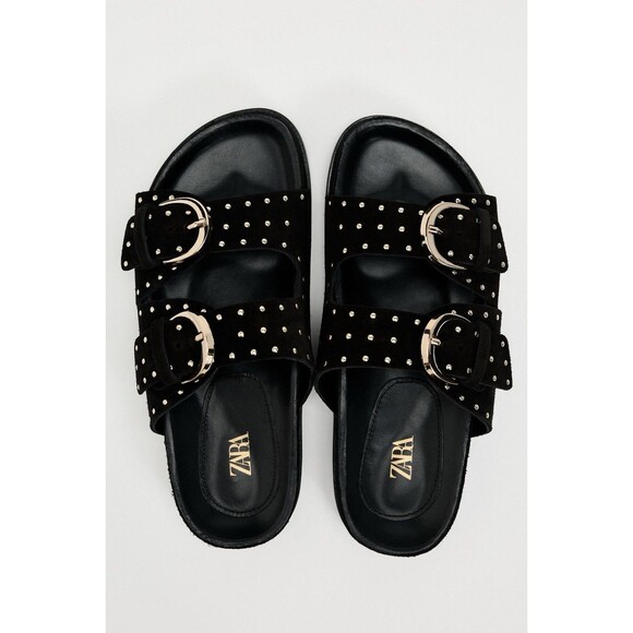 Zara Sandals Women Studded Leather Double Buckle Strap Flat Black Slip On US 9 - Picture 1 of 11